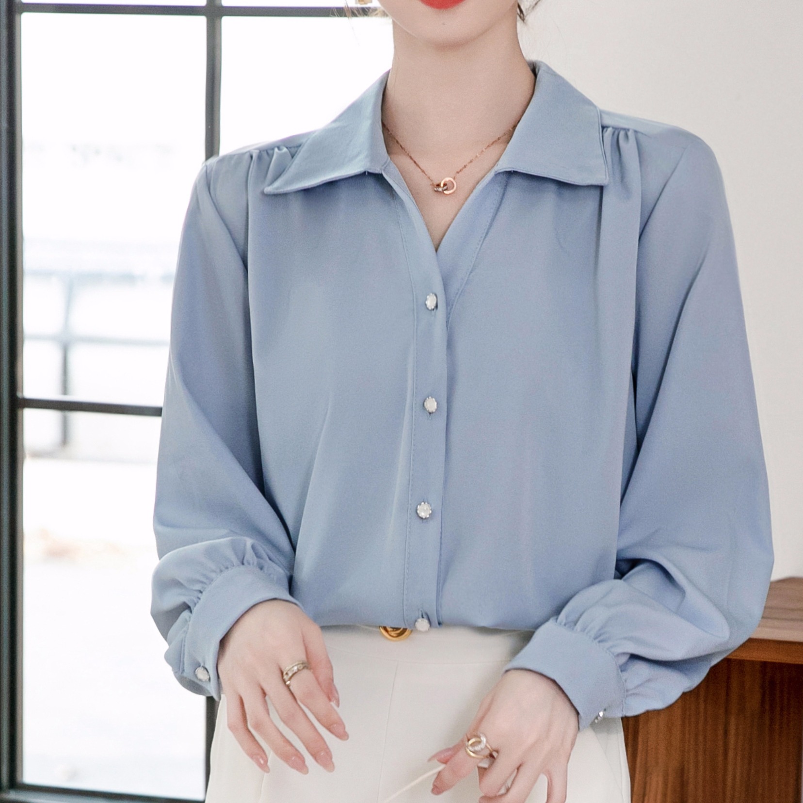 Real shot of 2025 spring new Korean version versatile commuter satin long-sleeved shirt women's top