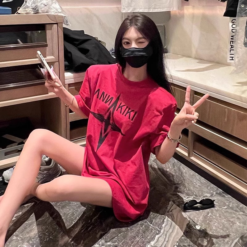韓國chic純棉後包領2025夏季新款韓版美式印花寬鬆版短袖T恤女潮