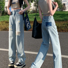 韓版破洞設計牛仔褲女2025春季新款百搭寬鬆闊腿拖地撞色長褲潮
