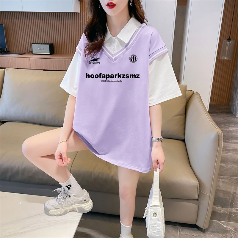 Real shot of polo neck fake two-piece T-shirt large-size women's new summer fashionable age-reducing loose short-sleeved top trendy