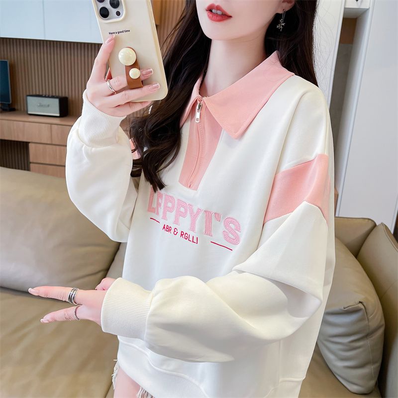 Real photos of Hua Cotton Polo neck sweatshirt for women's new spring and autumn fashionable age-reducing loose design top trendy