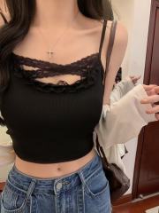 非實拍 純欲甜美辣妹春夏修身顯瘦蕾絲邊吊帶背心帶胸墊美背