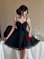 Real shot of new summer bow mesh splicing suspender sexy dress