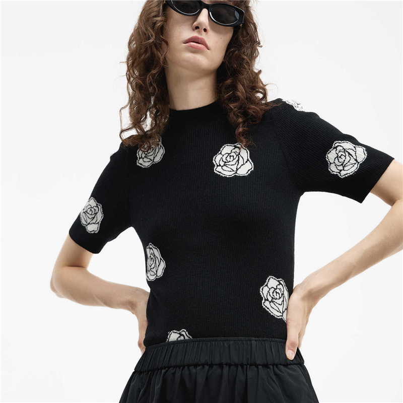 Wool sweater short-sleeved top for women in summer fashion and sweet Tennis jacquard T-shirt