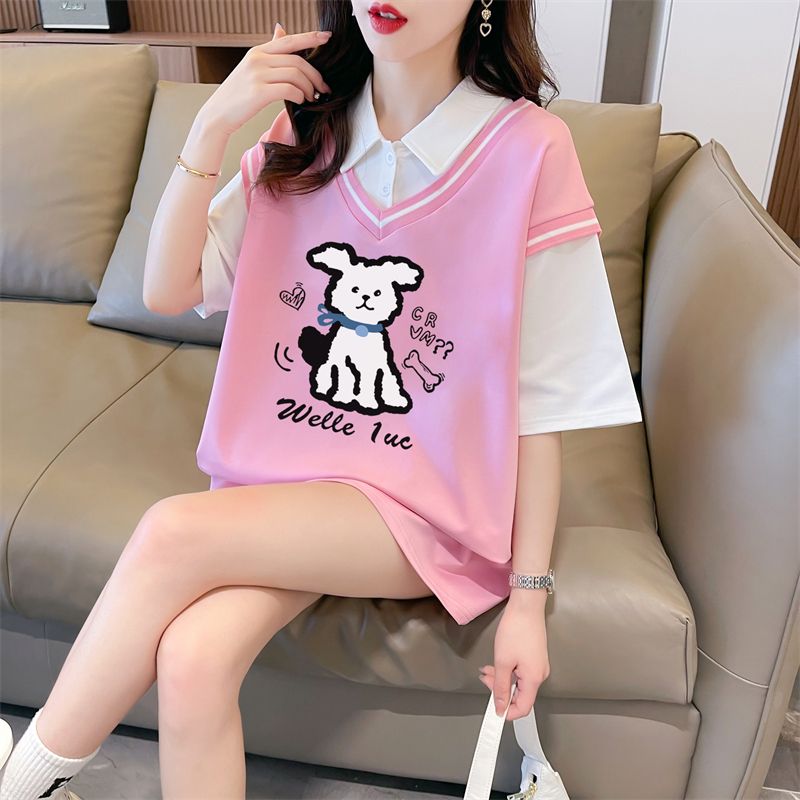 Real shot of polo neck fake two-piece T-shirt large-size women's new summer fashionable age-reducing loose short-sleeved top trendy