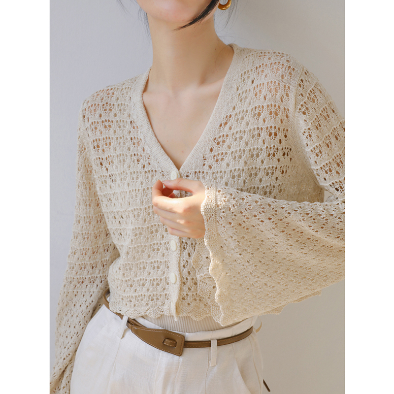 V-neck hollow flared sleeves Tennis linen knitted cardigan for women's summer long-sleeved sunscreen vest shirt short air conditioning shirt