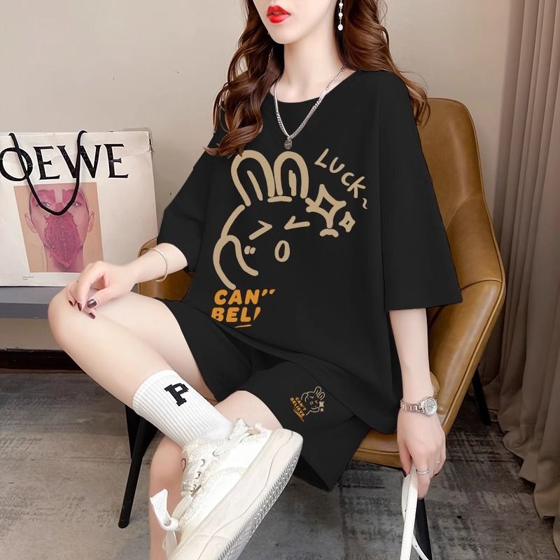 Real photos and smooth cotton casual sportswear suits for summer new style student shorts T-shirts large size two-piece set women's fashion