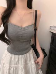 非實拍 法式別致褶皺小吊帶背心內搭美背帶胸墊打底抹胸上衣