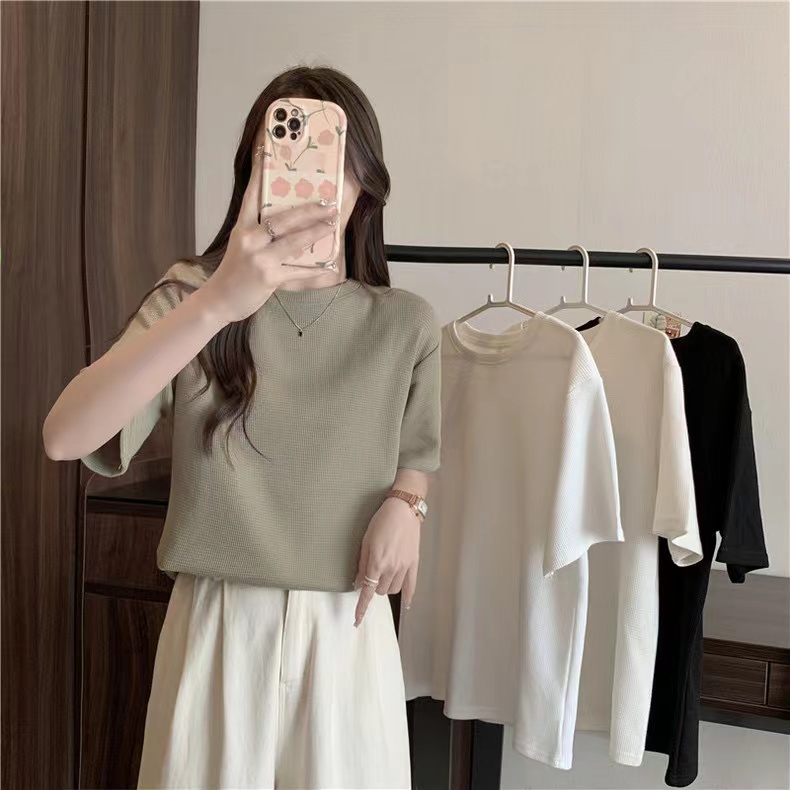 Real shot of 6535 cotton waffle loose short-sleeved top for women