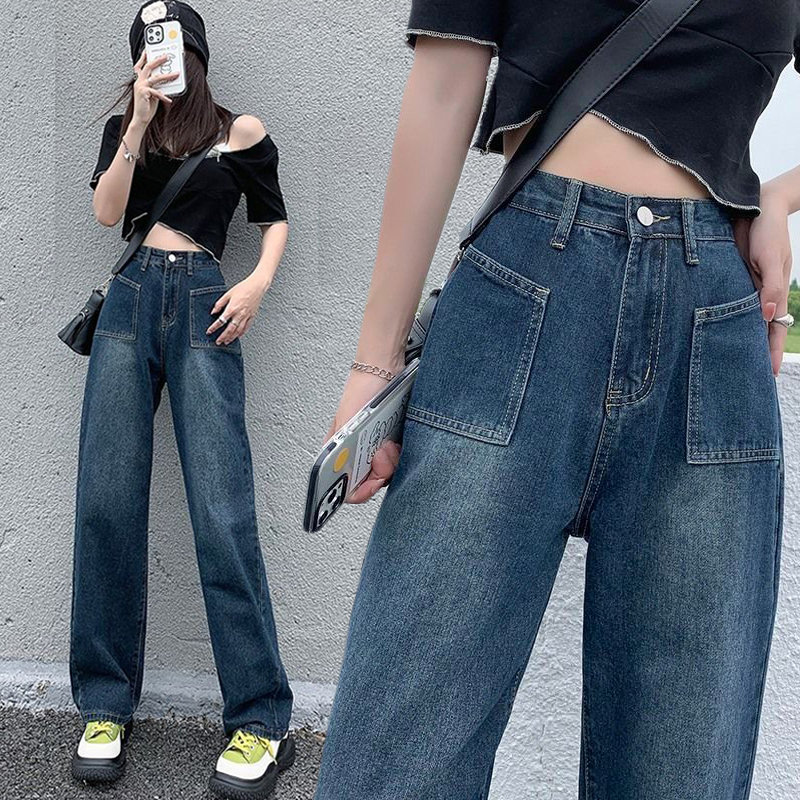 美式復古直筒闊腿牛仔褲女高腰2025春夏寬鬆垂感抽繩梨形身材褲子