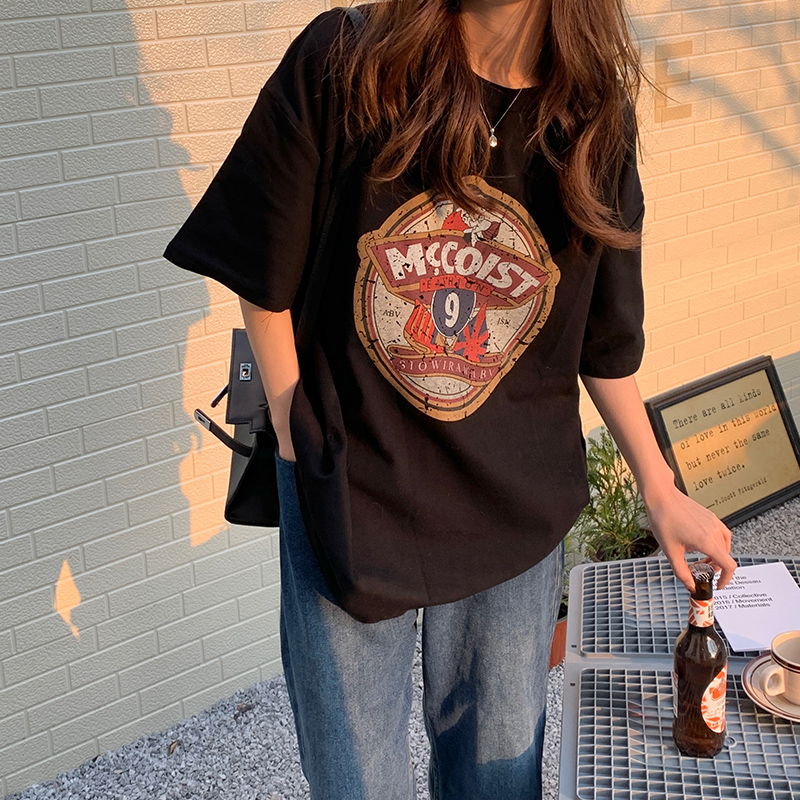 Real shot of 100 cotton shoulder-length rear collar American retro print loose casual large size medium long short sleeves