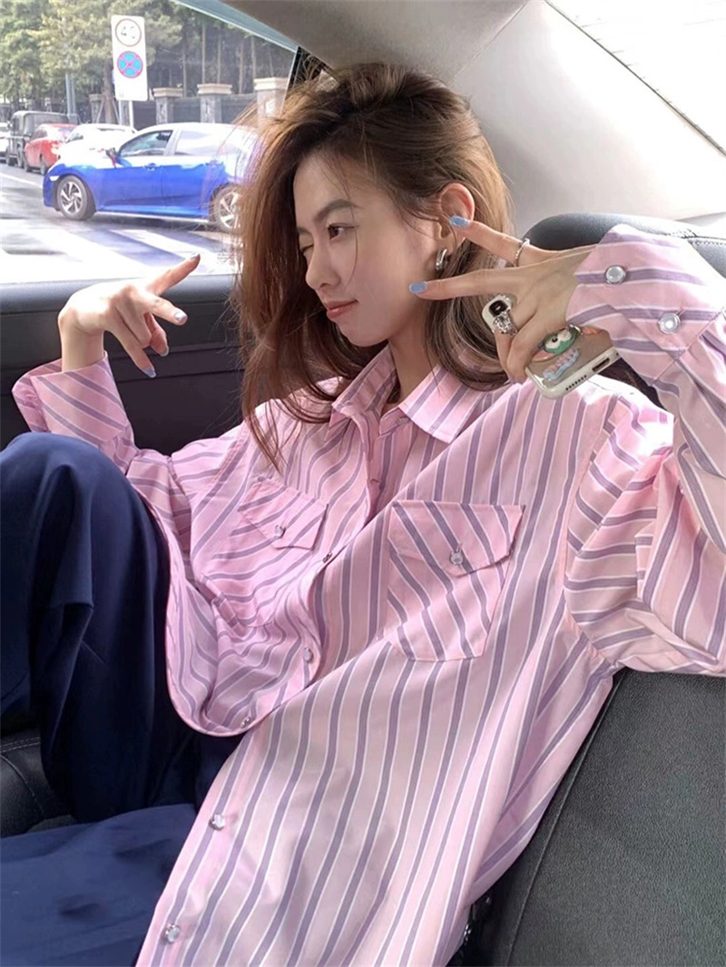 2025 spring new Korean version loose slim high-end pink striped shirt top women's design niche
