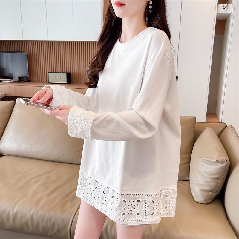 Real photos of German velvet lace splicing fake two-piece cartoon long-sleeved T-shirt for women's spring and autumn new loose top
