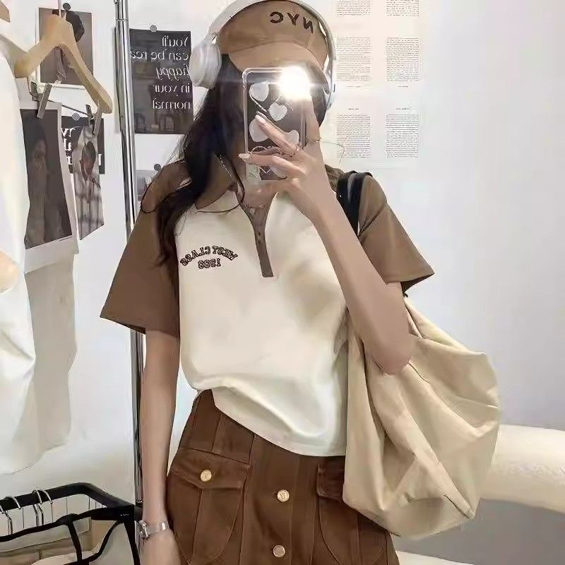 半拉鏈翻領POLO衫T恤女夏季百搭修身顯瘦短款打底衫短袖上衣