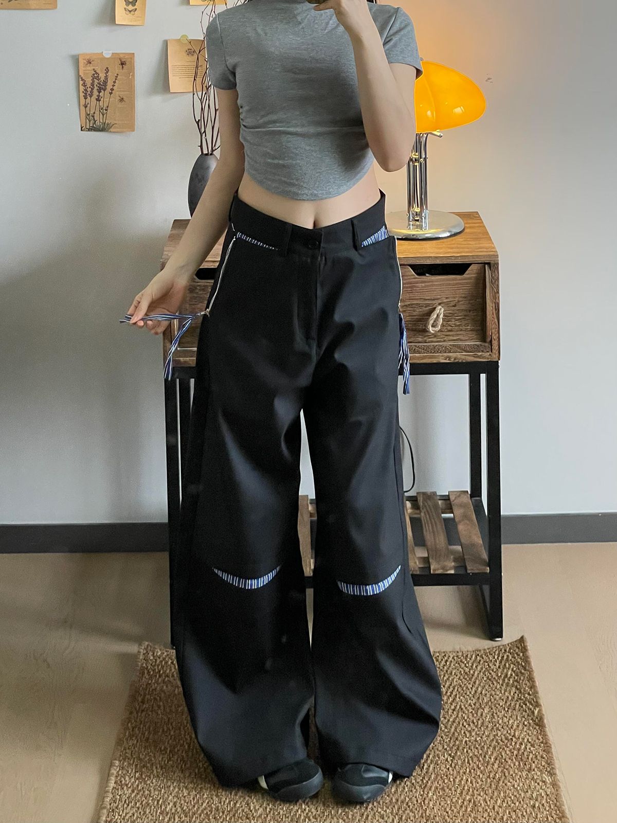 韓國chic西裝腰頭新款破口拼接2025早春條紋綁帶闊腿西裝褲休閒褲