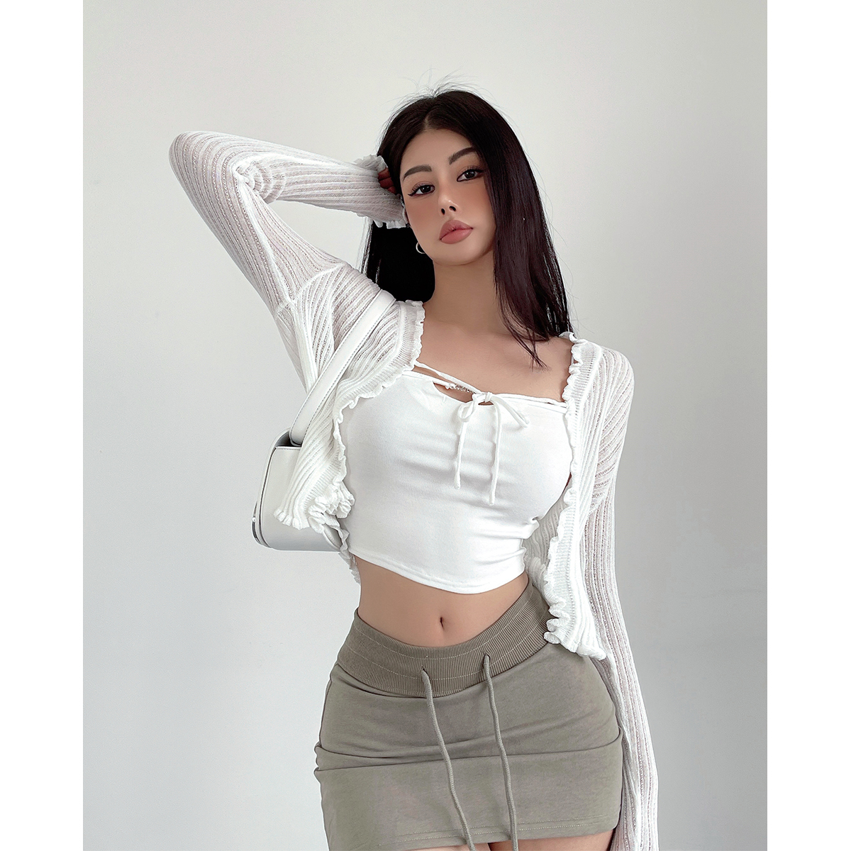 Green hollow ice silk knitted sunscreen cardigan thin women's jacket, wood ears, pure long-sleeved short shawl