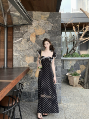 Real shot~ Spring and summer new style waist-hugging and slimming hollow square collar lace lotus leaf polka dot long dress long skirt
