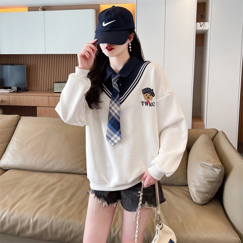 Real shot of POLO tie fake two-piece sweatshirt for women's new spring and autumn style age-reducing loose design top trendy