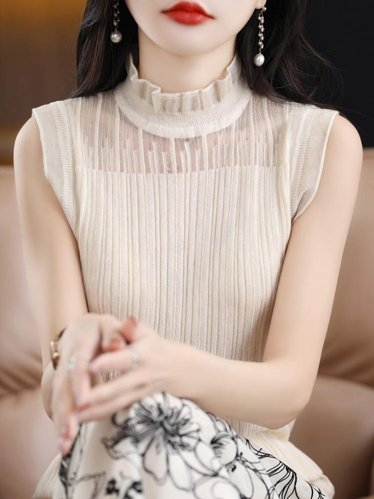 New wool suspender vest for women with black ears and lace sleeveless top hollow base shirt for women