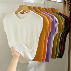 Loose large plate ice silk sweater for women in summer thin slim round neck solid color versatile shoulder short-sleeved top