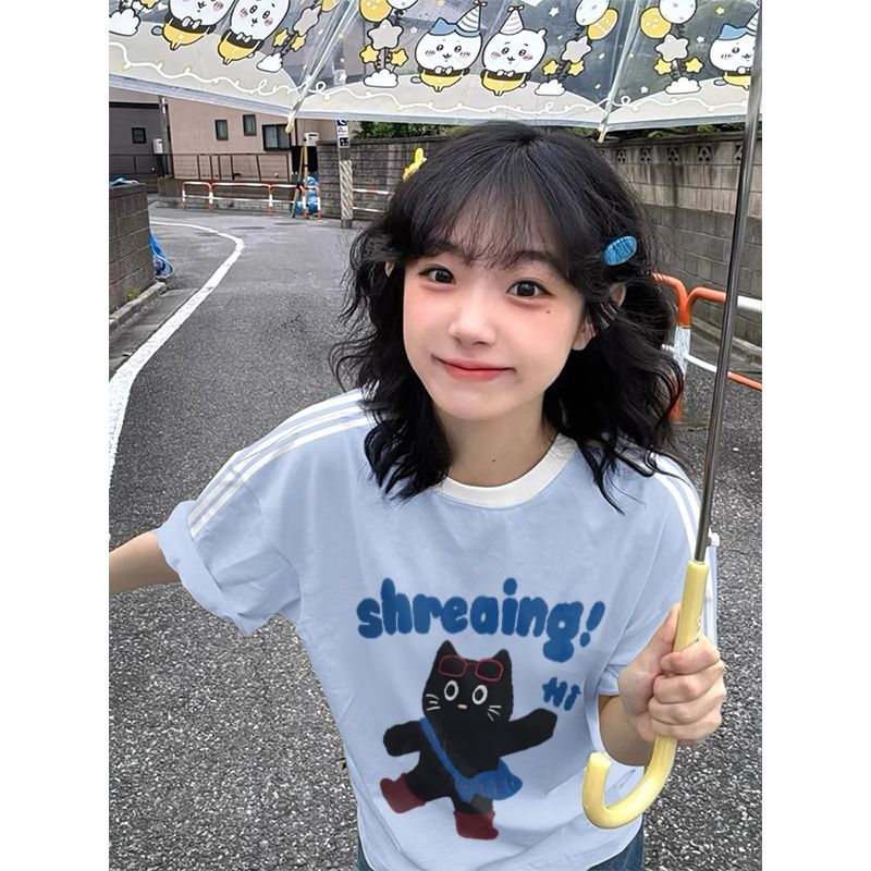 Pure cotton large-size women's T-shirt spring and summer new design Korean loose short-sleeved cartoon printed T-shirt top for women