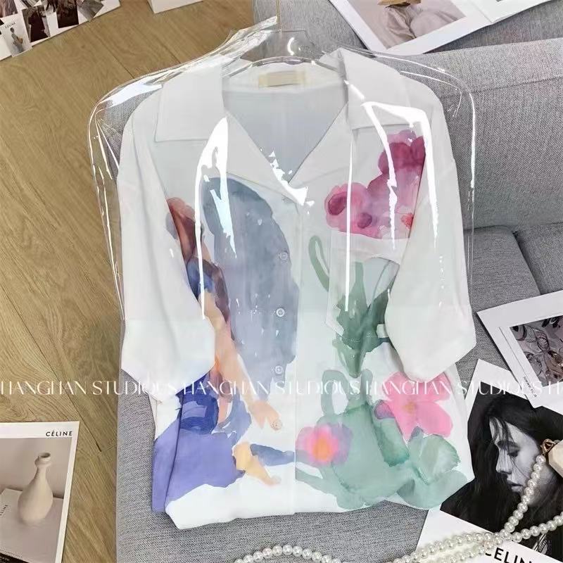 Printed short-sleeved shirt for women with niche shirt 2025 new loose slim casual top