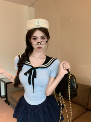 Real shot!  Sweet and spicy age-reducing navy collar spliced ​​contrasting top for women, slim and versatile pleated skirt short skirt suit