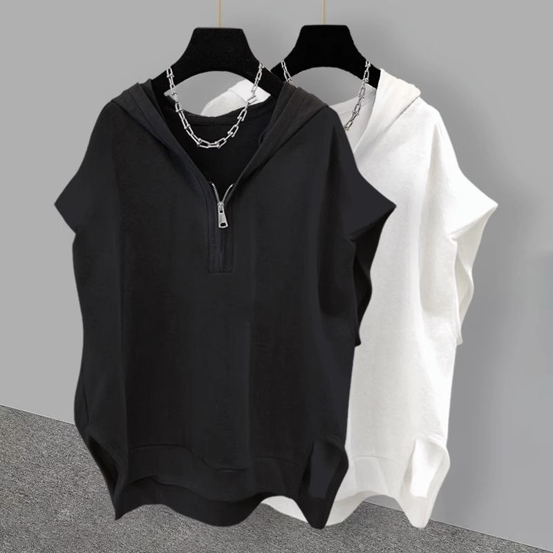 2025 Summer New Korean Style Loose Plus Size Women's Hooded Half-Zip Plain T-Shirt