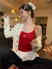 Song Zheng-un's red knitted lace suspender vest for women in spring, can wear embroidered ballet style unique top