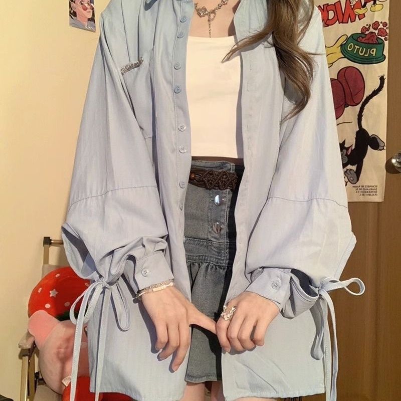 透明感漂亮鏤空鈎花V領襯衫女秋季中長款內搭蕾絲衫疊穿長袖上衣