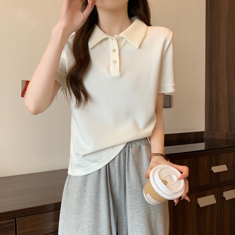 Real photo of 100% polyester summer polo collar short-sleeved T-shirt women's shirt top