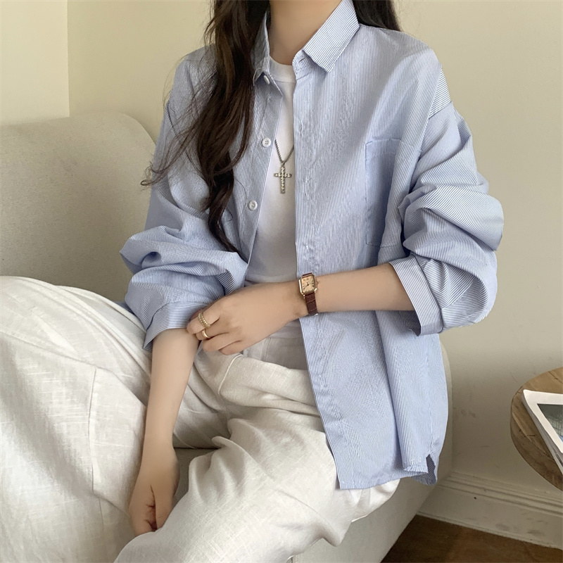 實拍 法式條紋襯衫穿搭長袖上衣設計感開衫寬鬆防曬襯衣外套