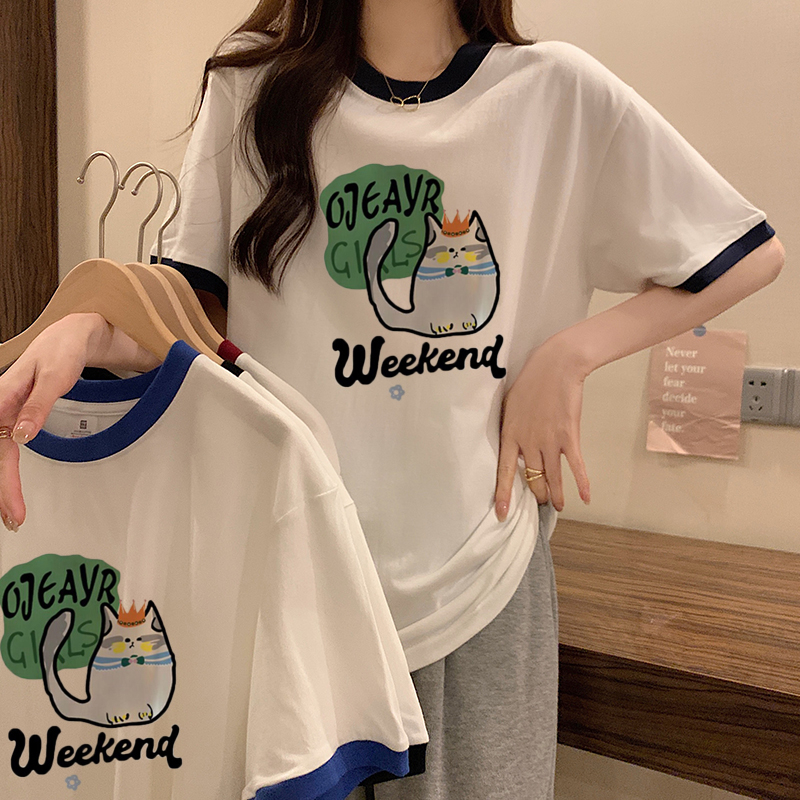 Real shot of 200 grams pure cotton, new Korean style, loose casual contrasting color cartoon printed short-sleeved T-shirt for women