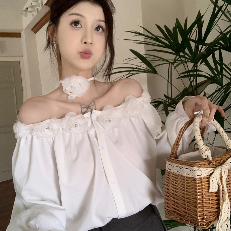 Korean sweet three-dimensional flower one-length shirt for women in spring new beautiful flared sleeves chic temperament top