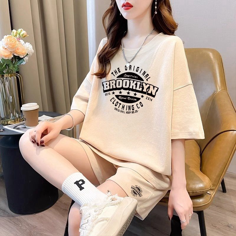 Slippery cotton casual sportswear suit summer new style student shorts T-shirt large size two-piece set women's fashion