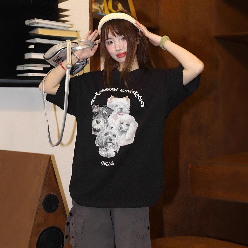 韓國chic純棉後包領2025夏季新款韓版美式印花寬鬆版短袖T恤女潮