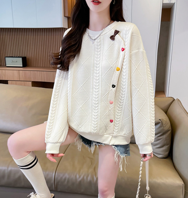 Real shot of round neck jacquard sweatshirt for women's new spring and autumn fashionable age-reducing loose design top trendy