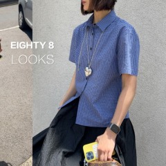 Retro blue plaid short-sleeved shirt for women Korean loose versatile tops for summer new retro casual shirt