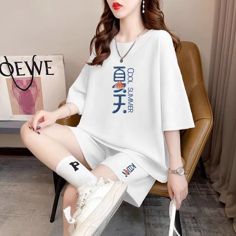 Real photos and smooth cotton casual sportswear suits for summer new style student shorts T-shirts large size two-piece set women's fashion