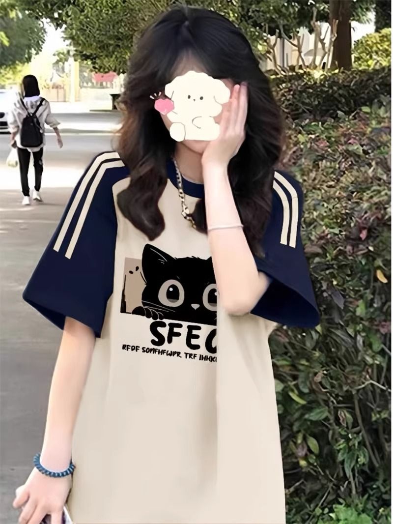 Pure cotton large-size women's T-shirt spring and summer new design Korean loose short-sleeved cartoon printed T-shirt top for women