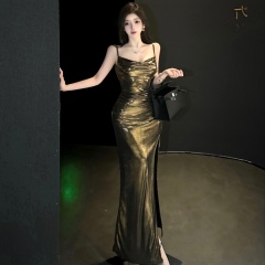 Real shot of pure sexy suspender dress mesh tight sleeveless long skirt glitter pink waist-pack hip skirt