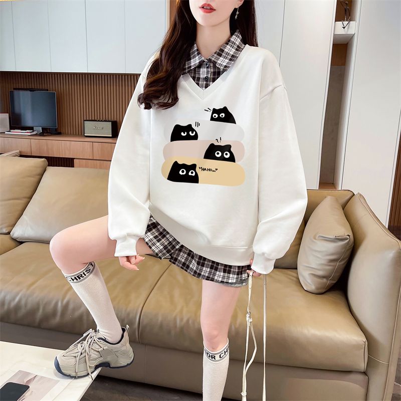 Real shot of plaid polo neck fake two-piece sweatshirt for women's new spring and autumn fashionable age-reducing loose design top