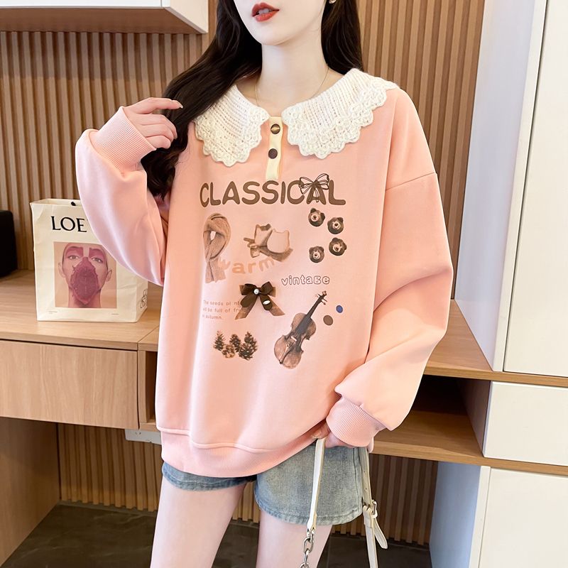 Real photos of Hua Cotton Polo collar sweatshirt for women's new spring and autumn fashionable age-reducing loose large-size women's tops trendy
