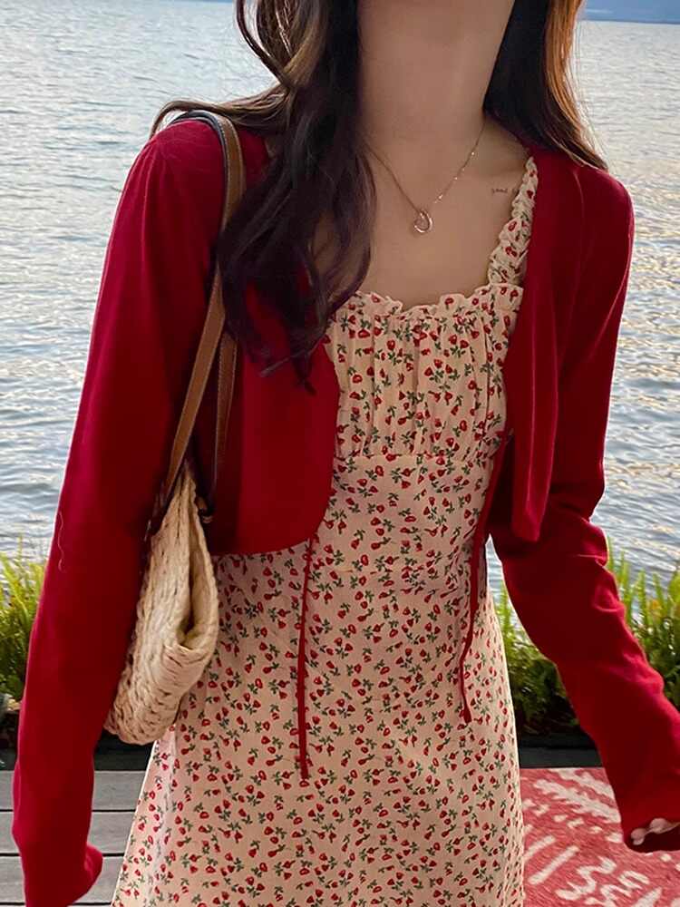 Red ice silk knitted sunscreen cardigan for women in summer thin Korean style with floral skirt suspender outer blouse top