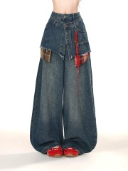 American retro fake two-piece plaid splicing jeans for women 2025 spring new loose slim wide-leg scissor pants