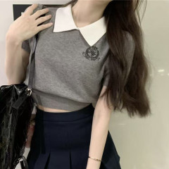 非實拍 灰色短袖針織衫正肩女裝夏季新款甜美減齡短款上衣潮