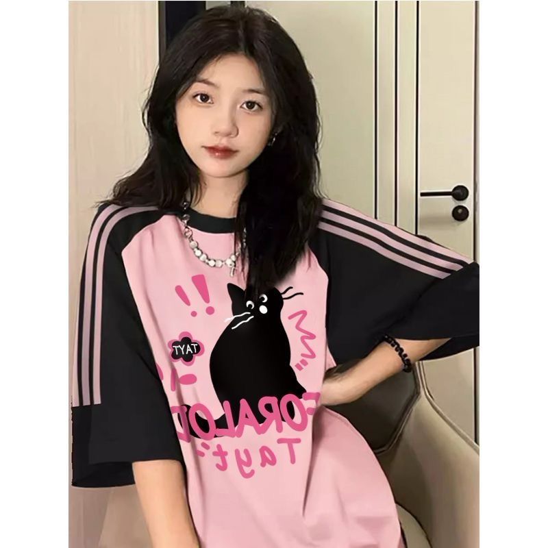 Pure cotton large-size women's T-shirt spring and summer new design Korean loose short-sleeved cartoon printed T-shirt top for women