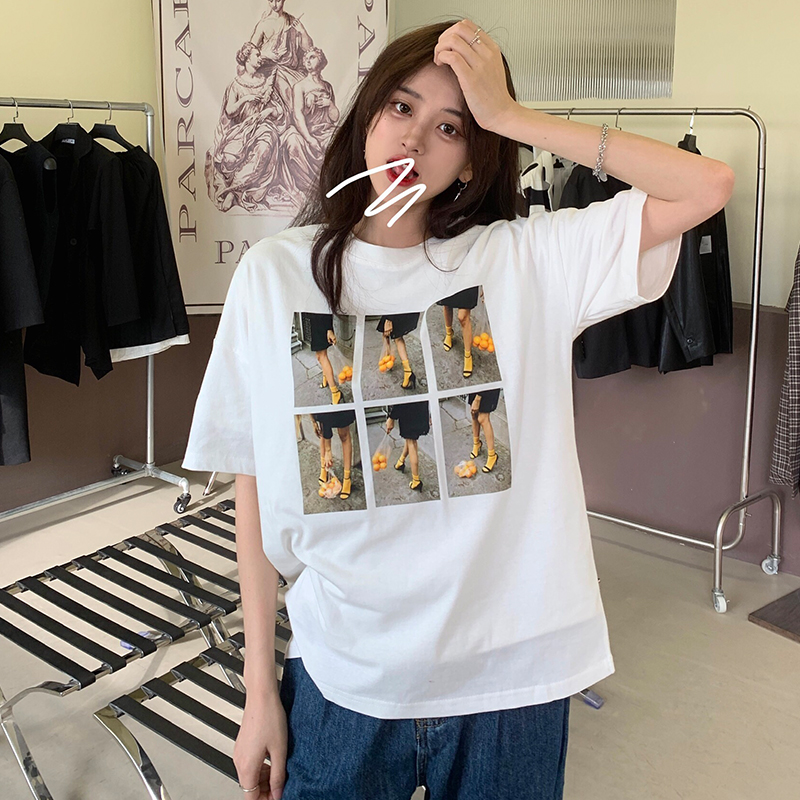 Pure cotton 200g American retro figure print black short-sleeved T-shirt for women in spring 2025 new loose style