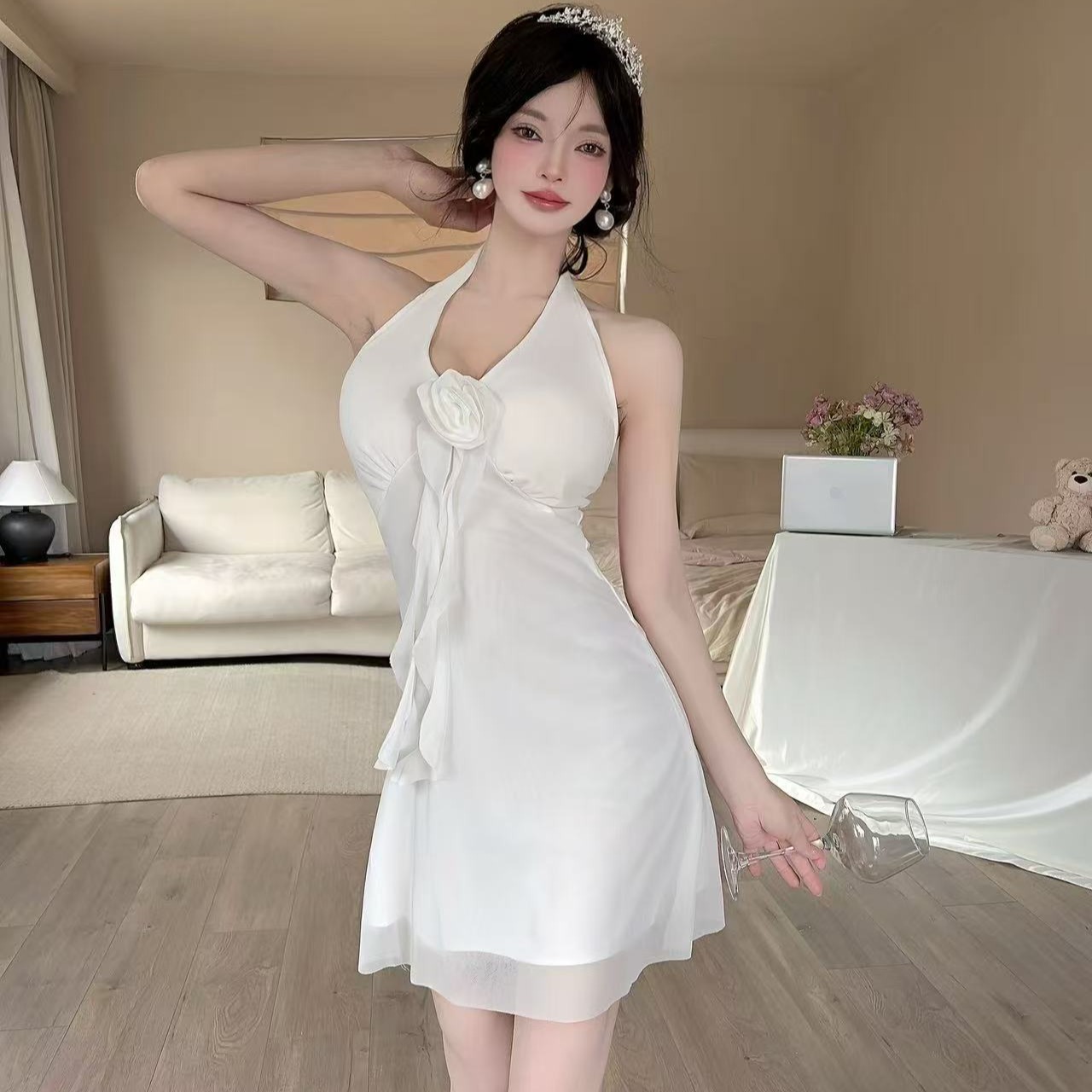 Real photo of red three-dimensional flower neck halter dress pure slim hip-pack skirt