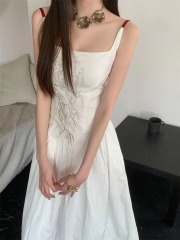 2025 Korean new Chinese embroidered cotton long backless waist slimming suspender vacation dress for women